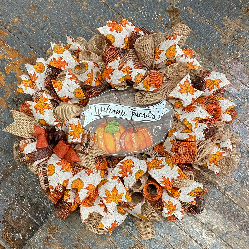 Welcome Friends Fall Leaves Autumn Harvest Seasonal Holiday Wreath Door Hanger