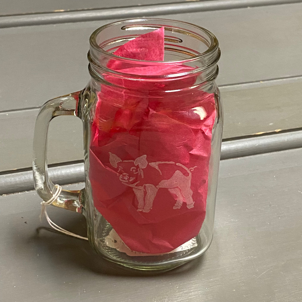 Mug Drinking Glass Hand Etched Farm Pig