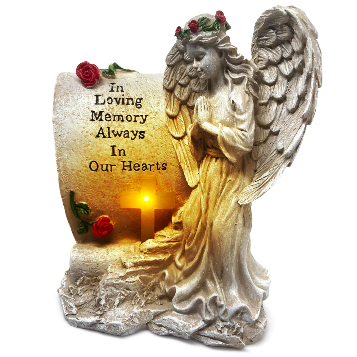 Oakiway Memorial Gifts Garden Statue With Solar Led Cross Light