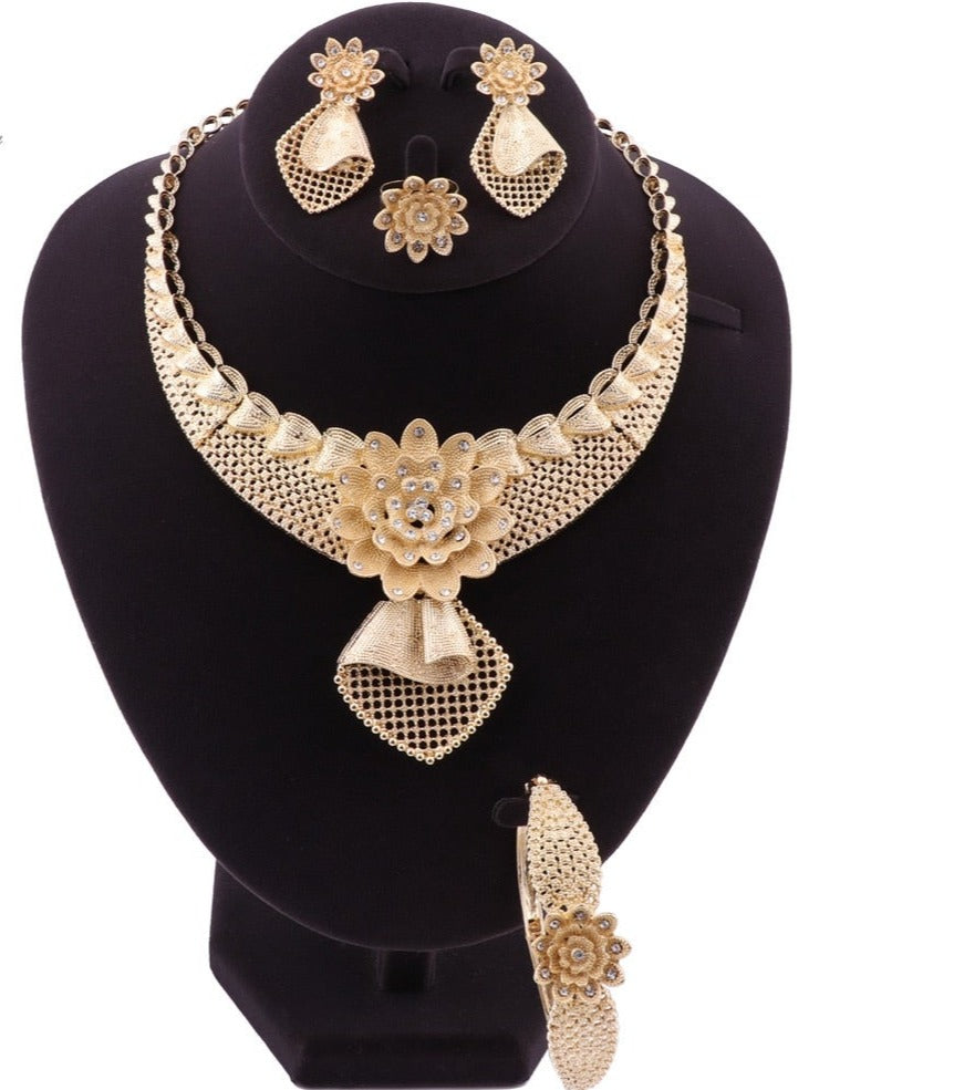 Xmas Wedding Dubai Rose Gold African Necklace Bracelet Earrings Ring Jewelry Set