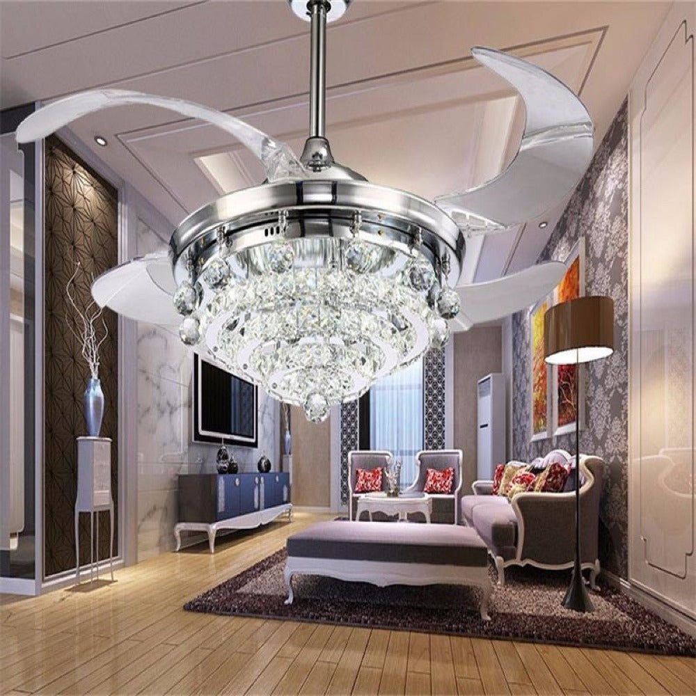 Modern Retractable Chrome Crystal Fan Chandelier My Aashis