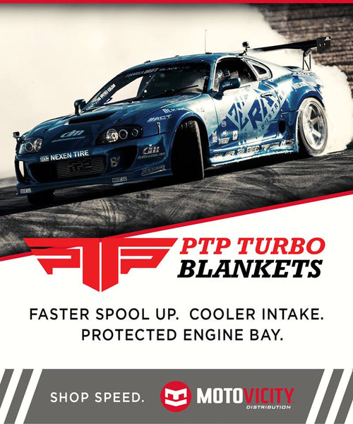PTP and Motovicity are teaming up. Motovicity is now selling PTP Turbo Blankets to all authorized dealers. This image features RAD Dan Burkett's Formula Drift Supra from 2017.