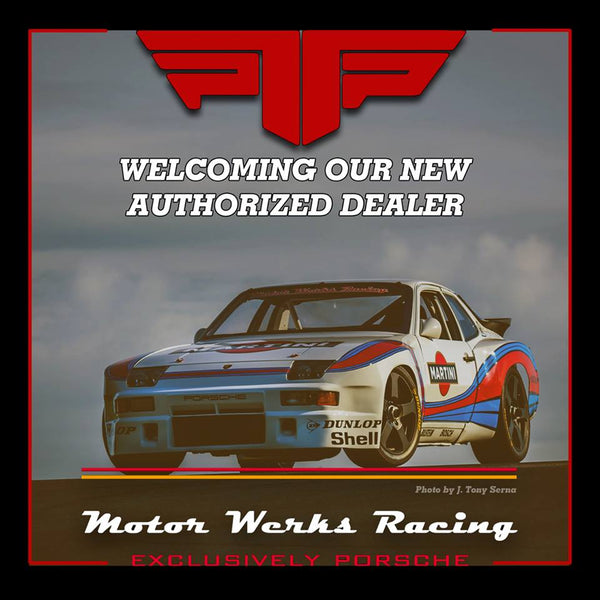 PTP Logo over 'Welcoming our new authorized dealer: Motorwerks Racing.' Text and logo are imposed over MWR's signature Martini Tribute Porsche 924 GTR.