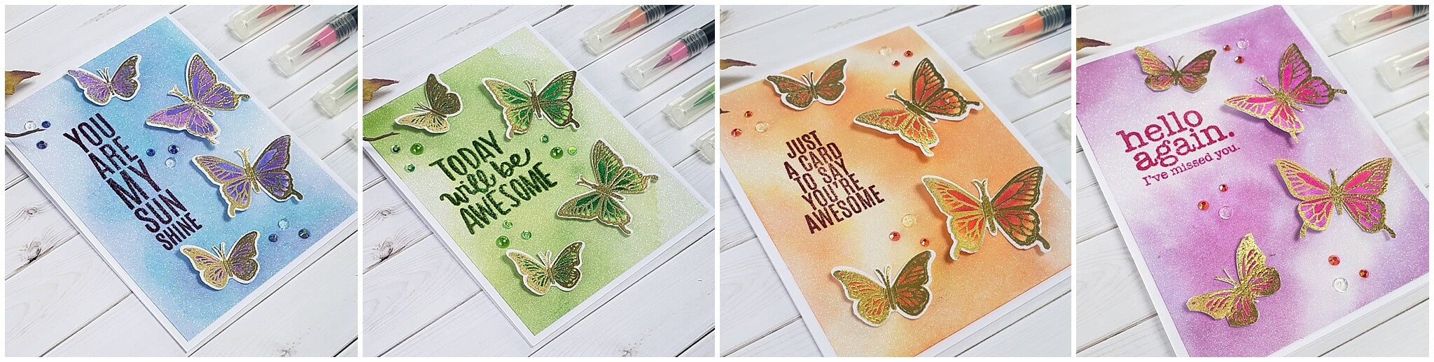 watercolor white diamond sparkle butterfly cards
