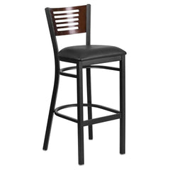 Black Decorative Slat Back Metal Restaurant Bar Stool - Walnut Wood Back, Black Vinyl Seat