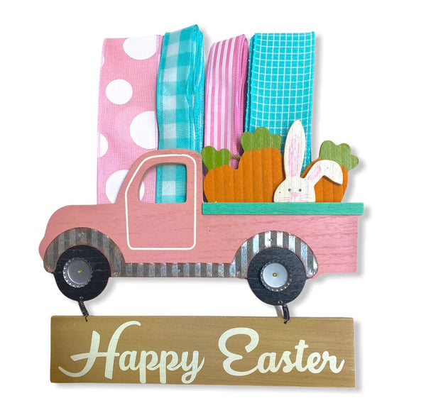 Pink Vintage Easter Bunny Truck Sign and Ribbon Kit, Easter Spring Wreath Kit, Wreath Supplies