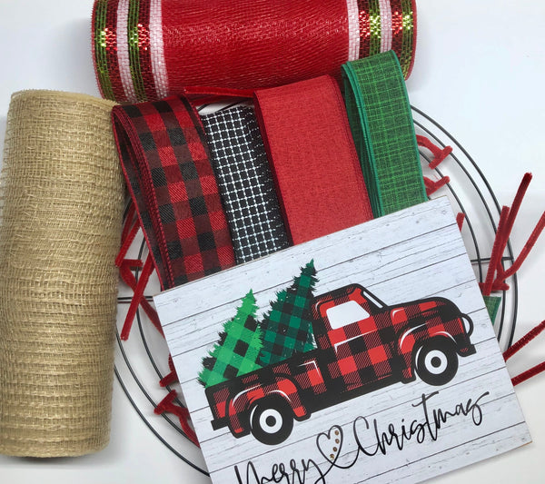 Buffalo Plaid Vintage Truck Christmas Wreath Kit, Christmas Wreath Kit, Wreath Supplies