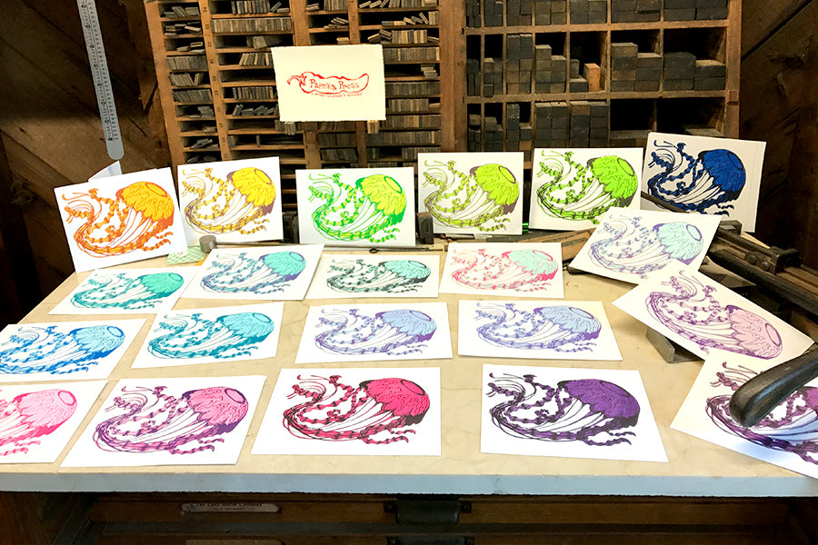 Jellyfish print color tests - Paprika Press Printshop