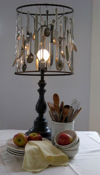 Upcycled Silverware Naked Table Lamp with Antique Wood Base via The Antiques Diva 