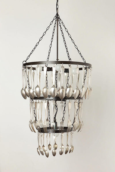 Tiered chandelier crafted crafted with chains and vintage forks and spoons. Seen at Anthropologie