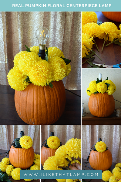 How to Upcycle an IKEA Lamp into a Floral Pumpkin Centerpiece Lamp - See the full DIY tutorial at www.ilikethatlamp.com