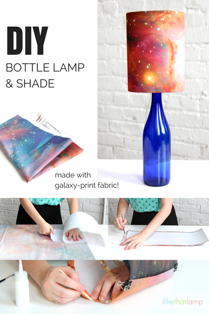 Tutorial: Bottle Lamp with Galaxy Print Shade - Read about DIY lampshade kits and projects at http://ilikethatlamp.com