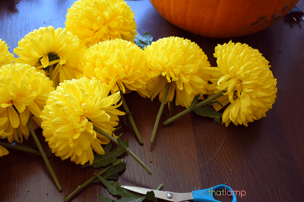 How to Upcycle an IKEA Lamp into a Floral Pumpkin Centerpiece Lamp - See the full DIY tutorial at www.ilikethatlamp.com