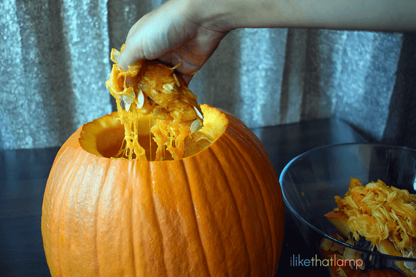 How to Upcycle an IKEA Lamp into a Floral Pumpkin Centerpiece Lamp - See the full DIY tutorial at www.ilikethatlamp.com