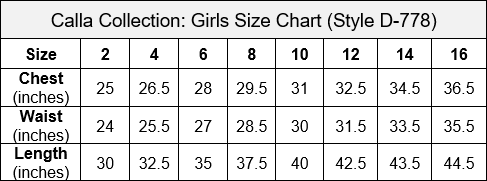 Calla Collection D778 Size Chart