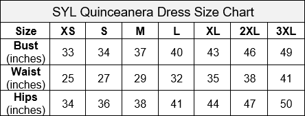 Calla Collection Quinceanera Size Chart SYL