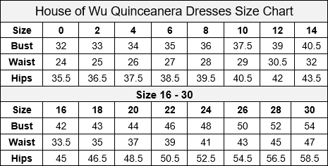 House of Wu Quinceanera Collection Size Chart
