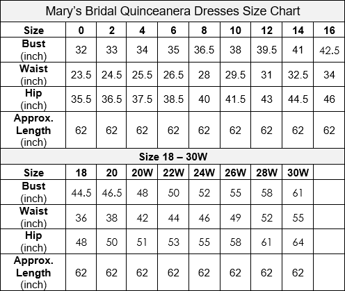 Mary's Bridal Quinceanera Size Chart