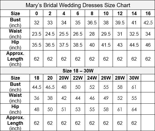 Mary's Bridal Wedding Dress New Size Chart