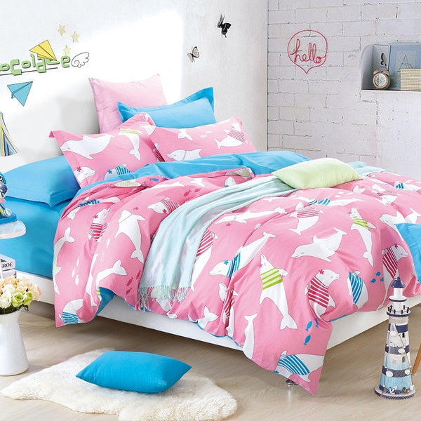 Pink Dolphins Printed Bedding Set 100 Cotton 4 Pieces