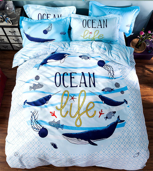 Cartoon Printed Dolphin Bedding Set 100 Cotton 4 Pieces