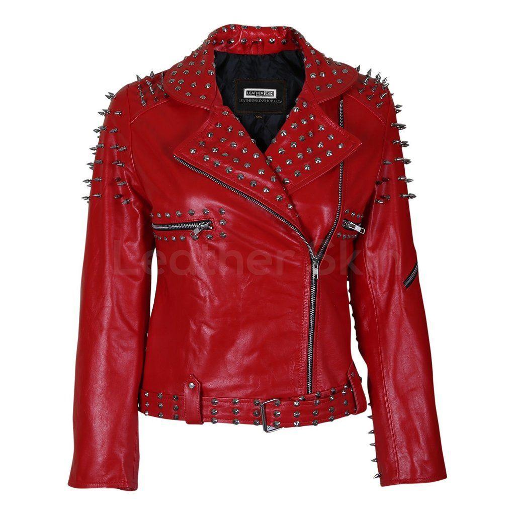 Fiery Red Women's Jacket with Spikes and Collar –