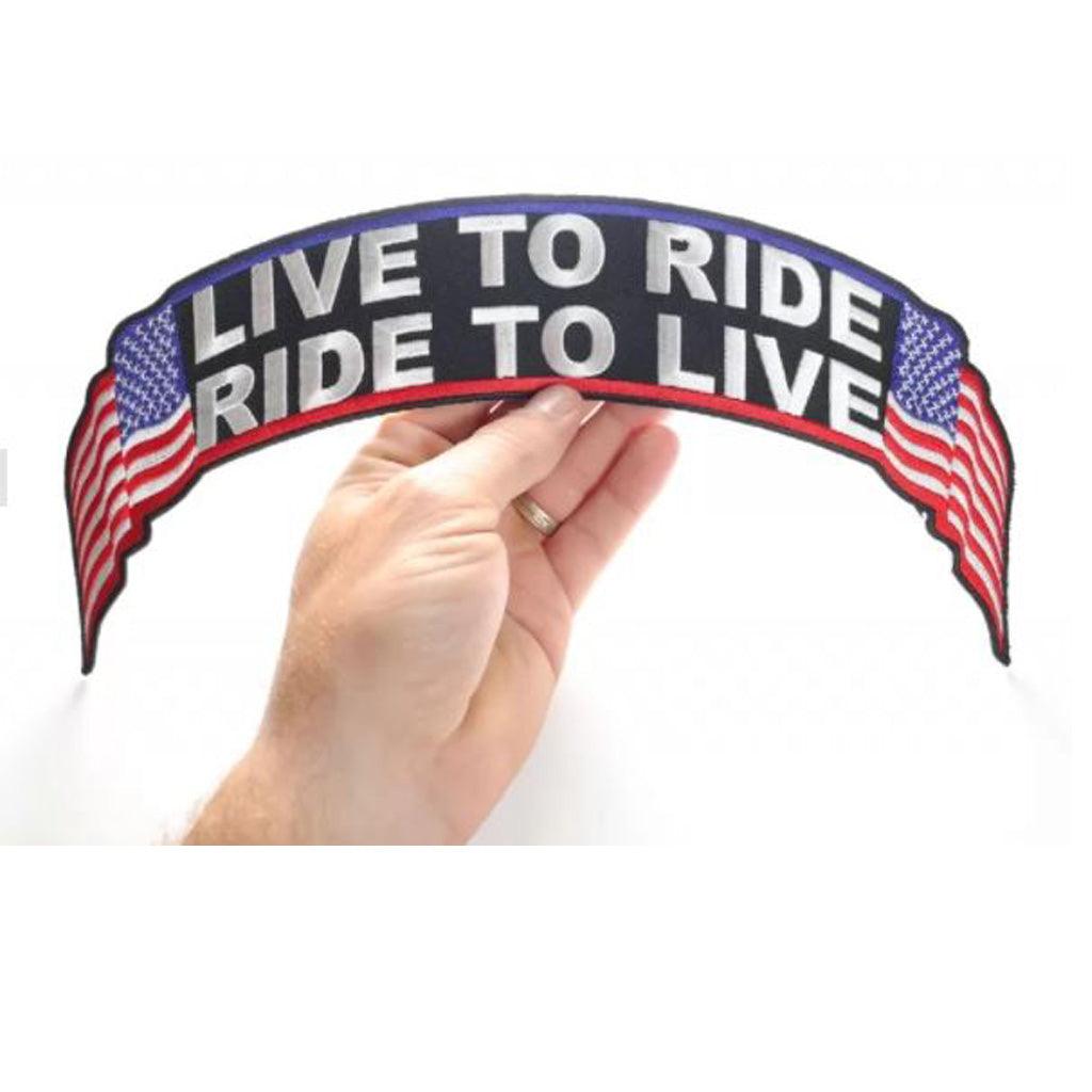 Live To Ride Ride To Live US Flag Biker Rocker Back Patch 12x2.5 inc
