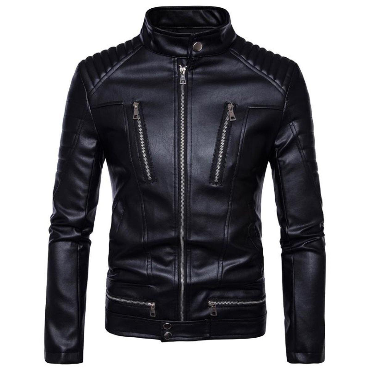 Turtleneck Motorcycle Black Faux Leather Jacket