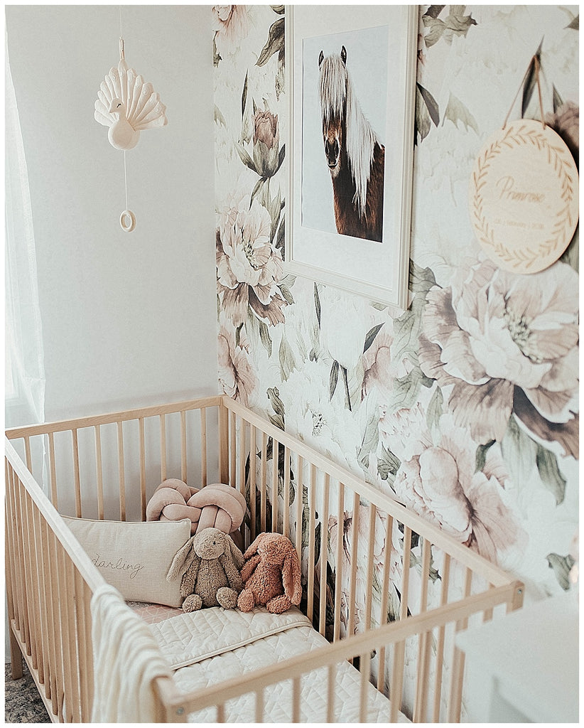 floral wallpaper, girls nursery, heirloom cushion