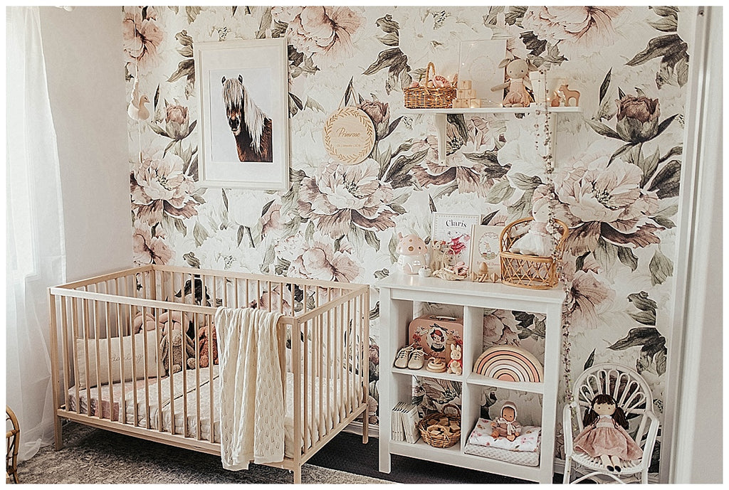 boho nursery, girls nursery, floral wallpaper