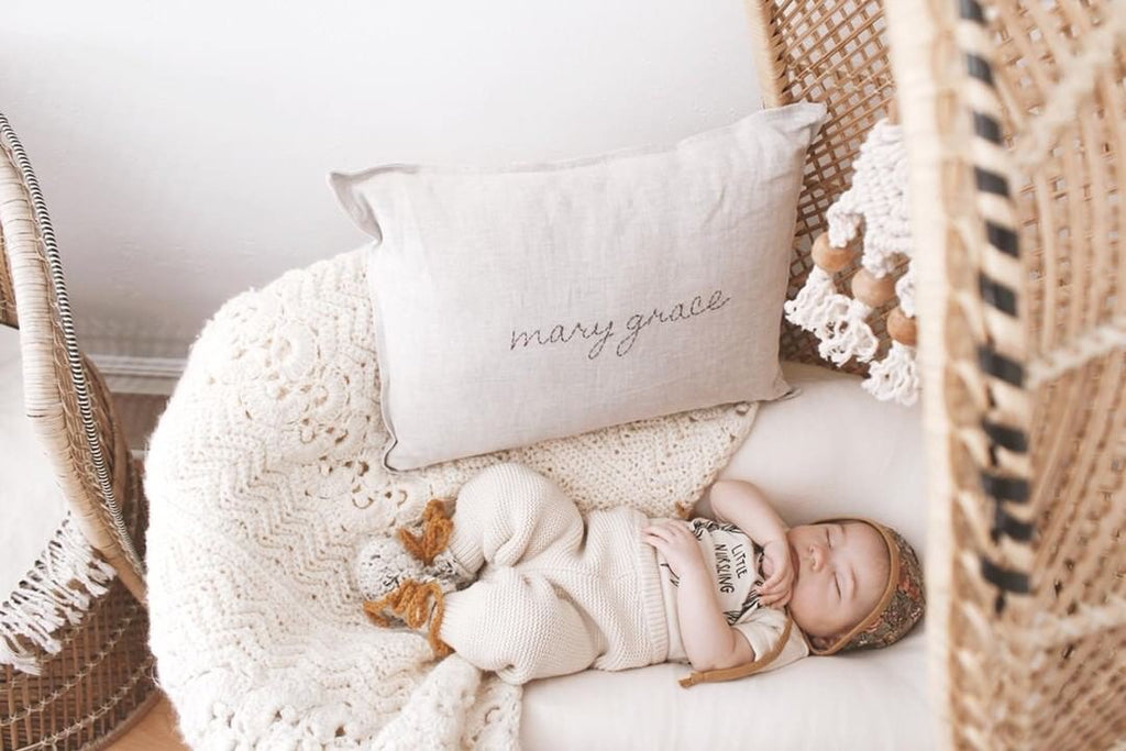 personalised linen pillow , boho nursery, newborn baby photography