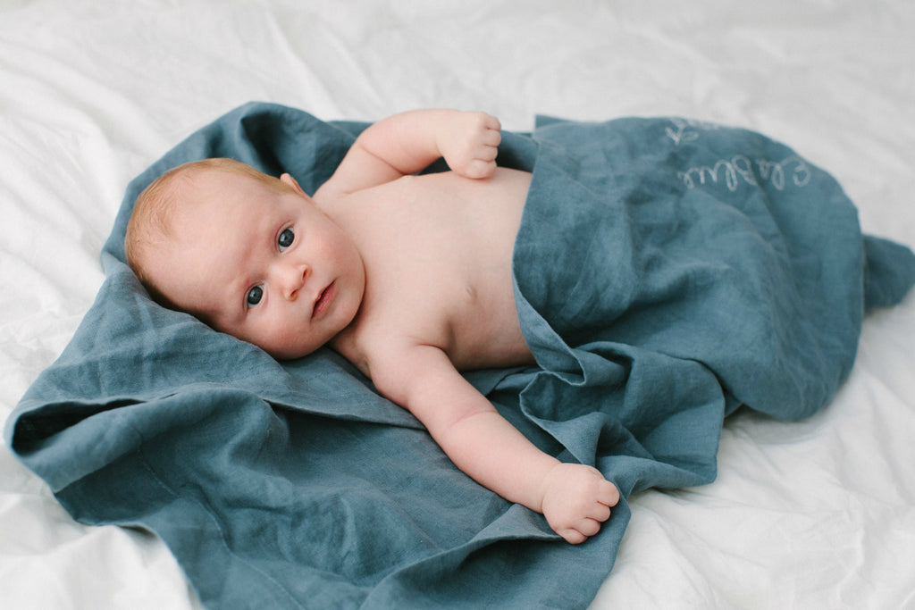 newborn baby photography, blue linen wrap, baby wrap , custom hand stitched linen