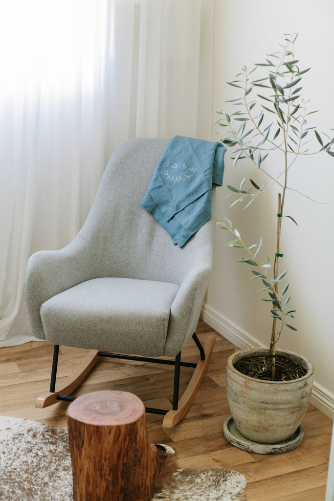 boys nursery, rocking chair, linen baby wrap 