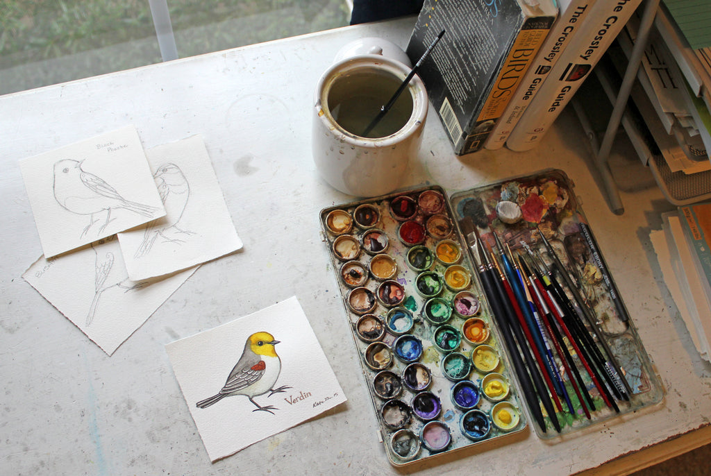 Work space and watercolor birds in progress.