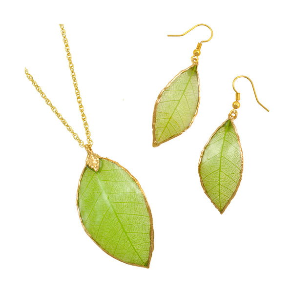 Green<br>Rubber Tree Leaf Earrings & Pendant<br>with Gold 18 Inch Chain<br>Gift Boxed - GoldRoses.com