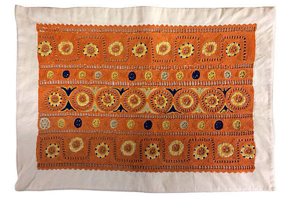 Pandora de Balthazár orange and blue primitive geometric decorative pillow cover.