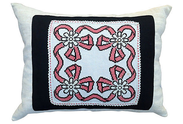 Antique decorative pillow cover with a ribbon embroidery motif.