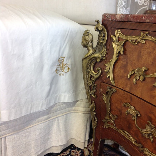 A Stacey Style “A” is embroidered on this sheet, the beautiful “watermark” popular since the middle ages.