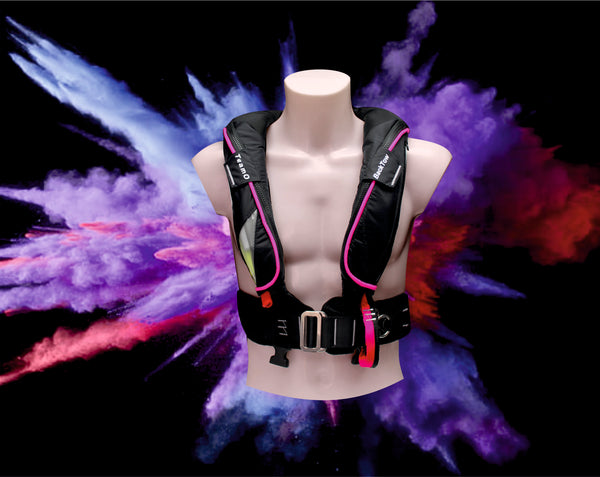 Teamo marine Fluro Pink Lifejacket with BackTow Technology. Pink and Purple lifejacket 