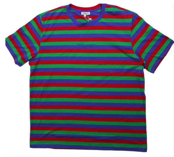 red yellow blue striped shirt