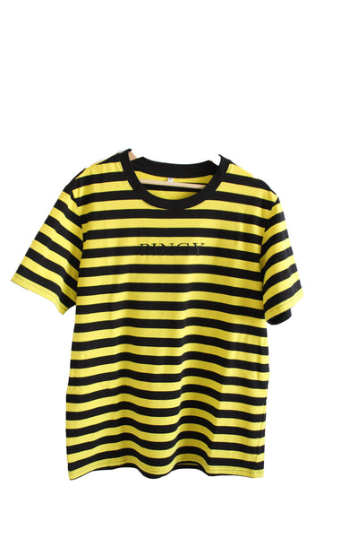 black and yellow striped t shirt