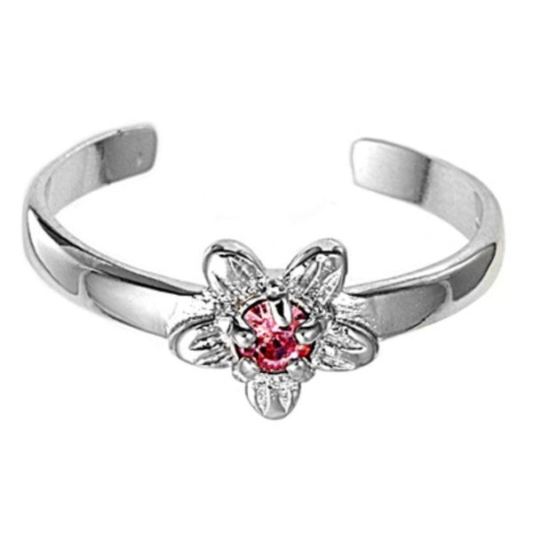 Flower Toe Ring Genuine Sterling Silver 925 Pink CZ Adjustable Face Height 7 mm 