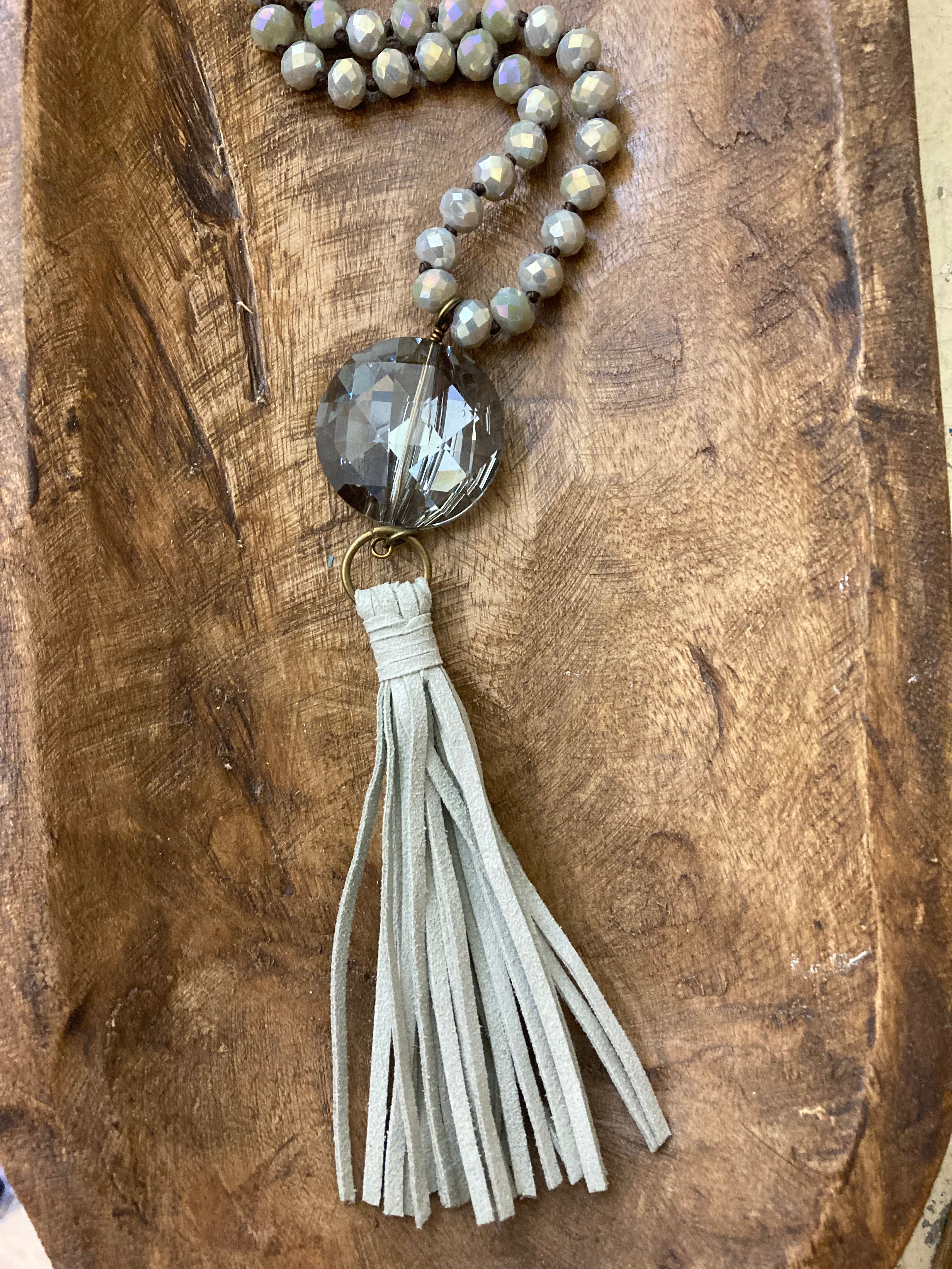 Smoke Gray Leather Tassel Necklace
