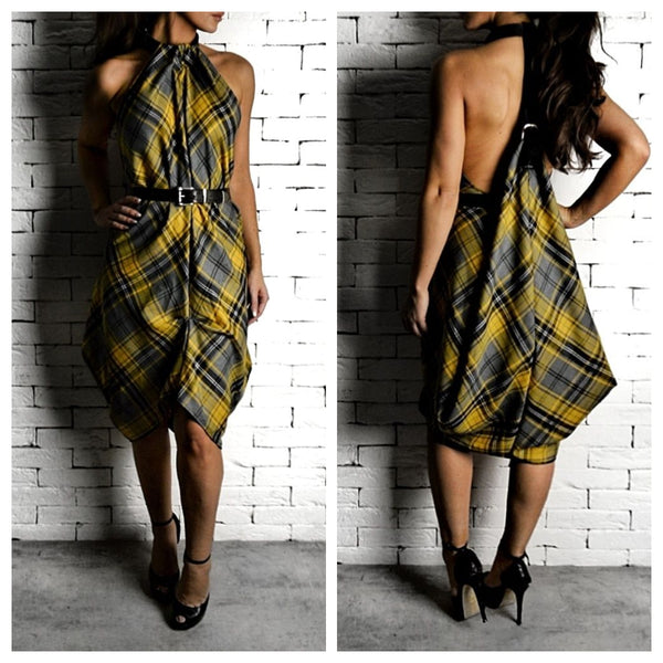 Yellow/Grey Tartan Choker Dress | Boutique Dresses | ETTO Boutique 