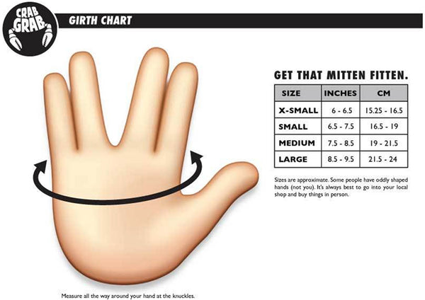 crab grab snow mitten size chart