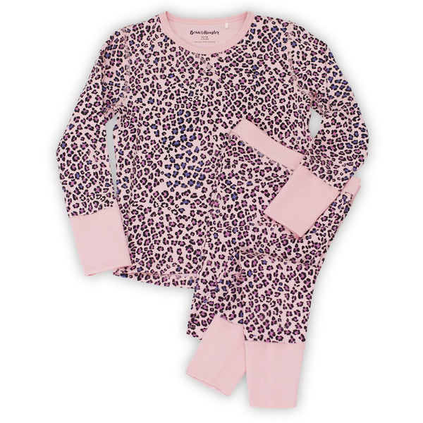 Christmas pajamas for the Christmas Eve box: Beau and Rooster organic cotton pajamas in a pink leopard print