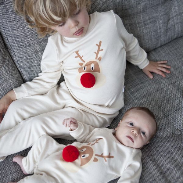 Christmas pajamas for the Christmas Eve box: PJ Mamma matching sibling set of reindeer pajamas and romper 
