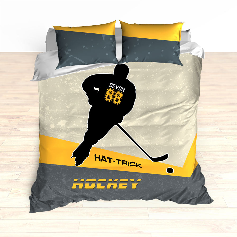 Personalized Hockey Bedding Black And Yellow Custom Duvet Or