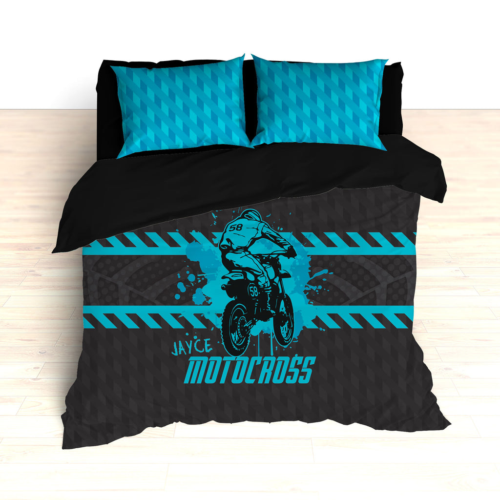 Kids Motocross Bedding Blue Teal Green Black Dirt Bike Racing
