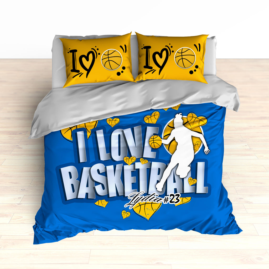 Royal Blue And Gold Basketball Hearts Bedding Personalized I